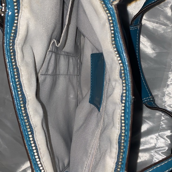 Pre loved Coach signature stripe, 3 teal metallic tote shoulder bag. - Picture 7 of 9